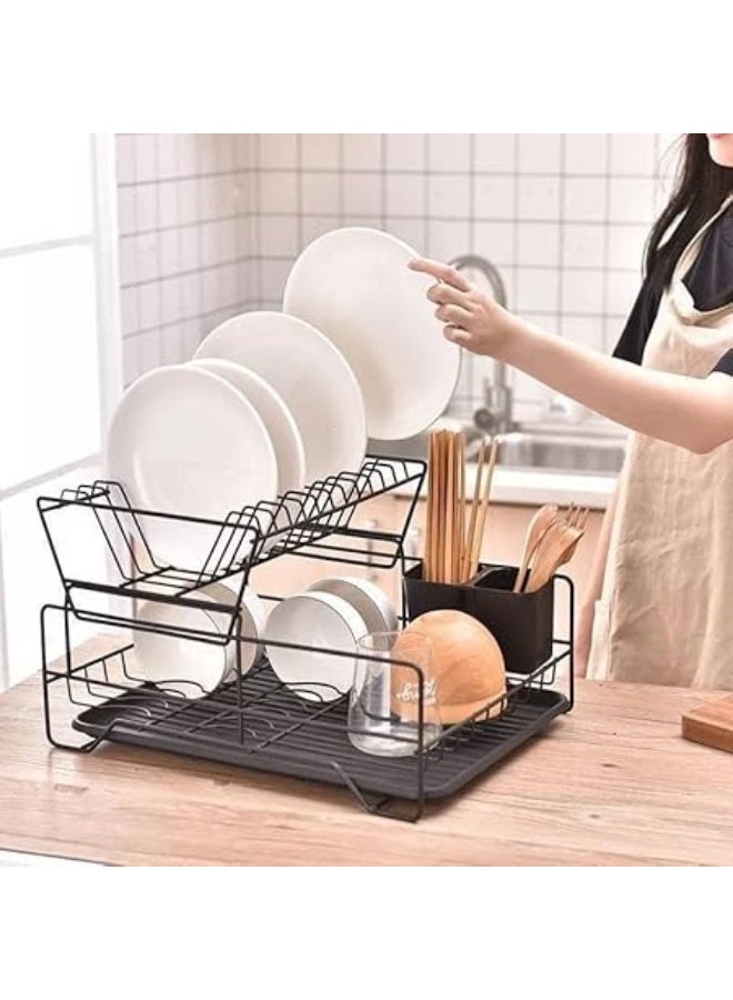 مطبقيه امريكي و مصفاة الحوض و مطبقيه رف تخزين لتجفيف الأطباق مكون من طبقتين أسود ضد الصدا - Image 3